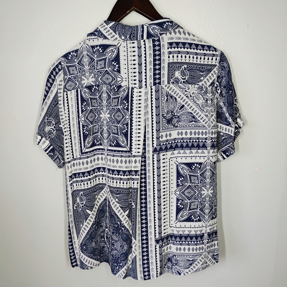 Supplies Button Up Shirt Short Sleeve Navy Blue White Boho Bandana Size Medium - Picture 4 of 13